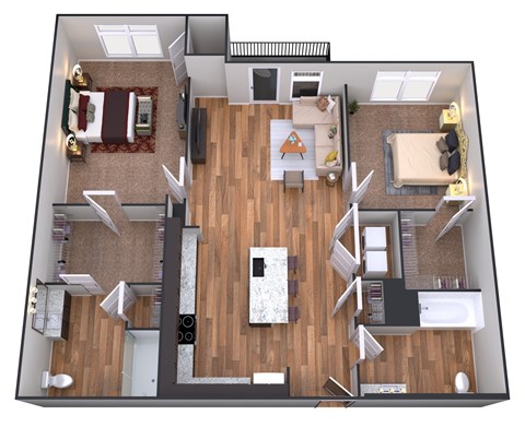 Floor plan for 2 beds, 2 baths, 1075 sqft